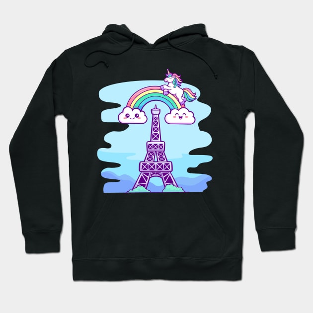 Magical Monochrome: Kawaii Unicorn and Rainbow Eiffel Tower Hoodie by Holymayo Tee